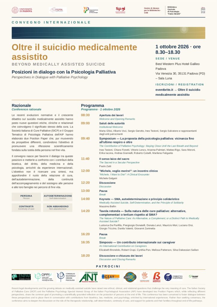 OLTRE IL SUICIDIO MEDICALMENTE ASSISTITO (BEYOND MEDICALLY ASSISTED SUICIDE). Posizioni in dialogo con la Psicologia Palliativa - 1 ottobre 2026